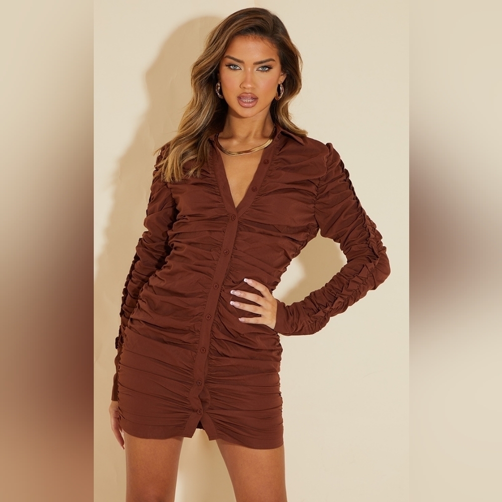 NWT Pretty Little Thing Chocolate Woven Extreme Ruched Shirt Dress